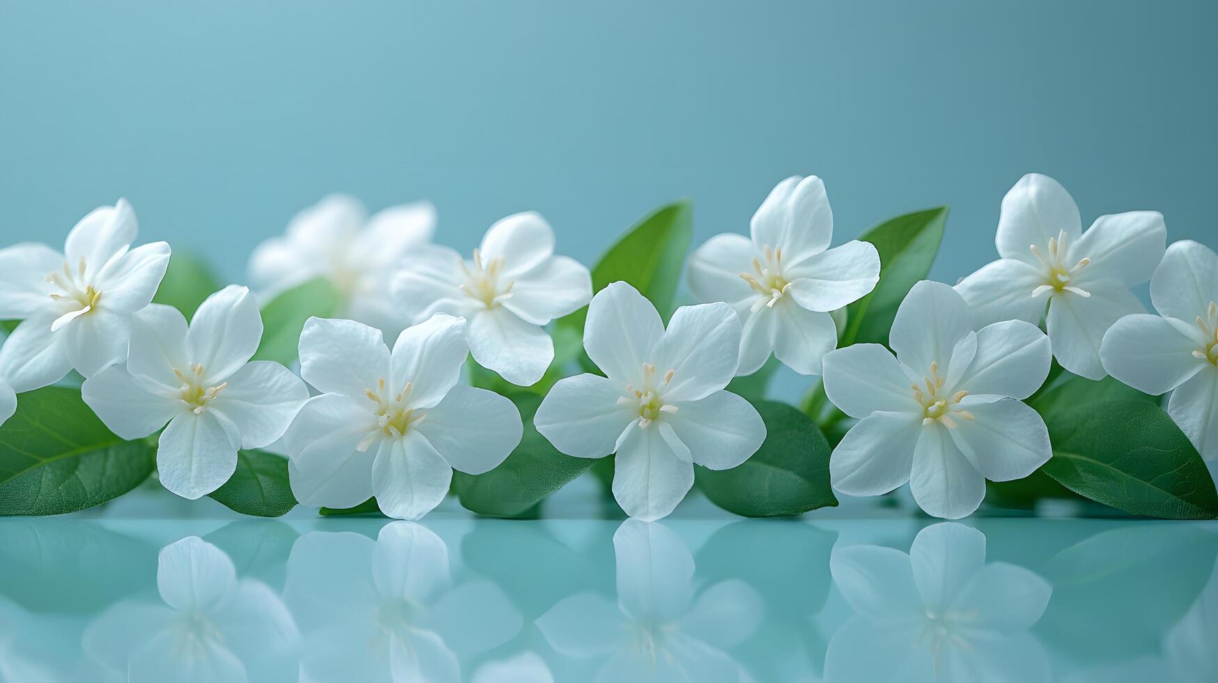 Delicate white jasmine flowers arrange in row with green leaves against light blue pastel background, featuring soft reflection, pure white petals, and fresh spring blossoms. precious photo