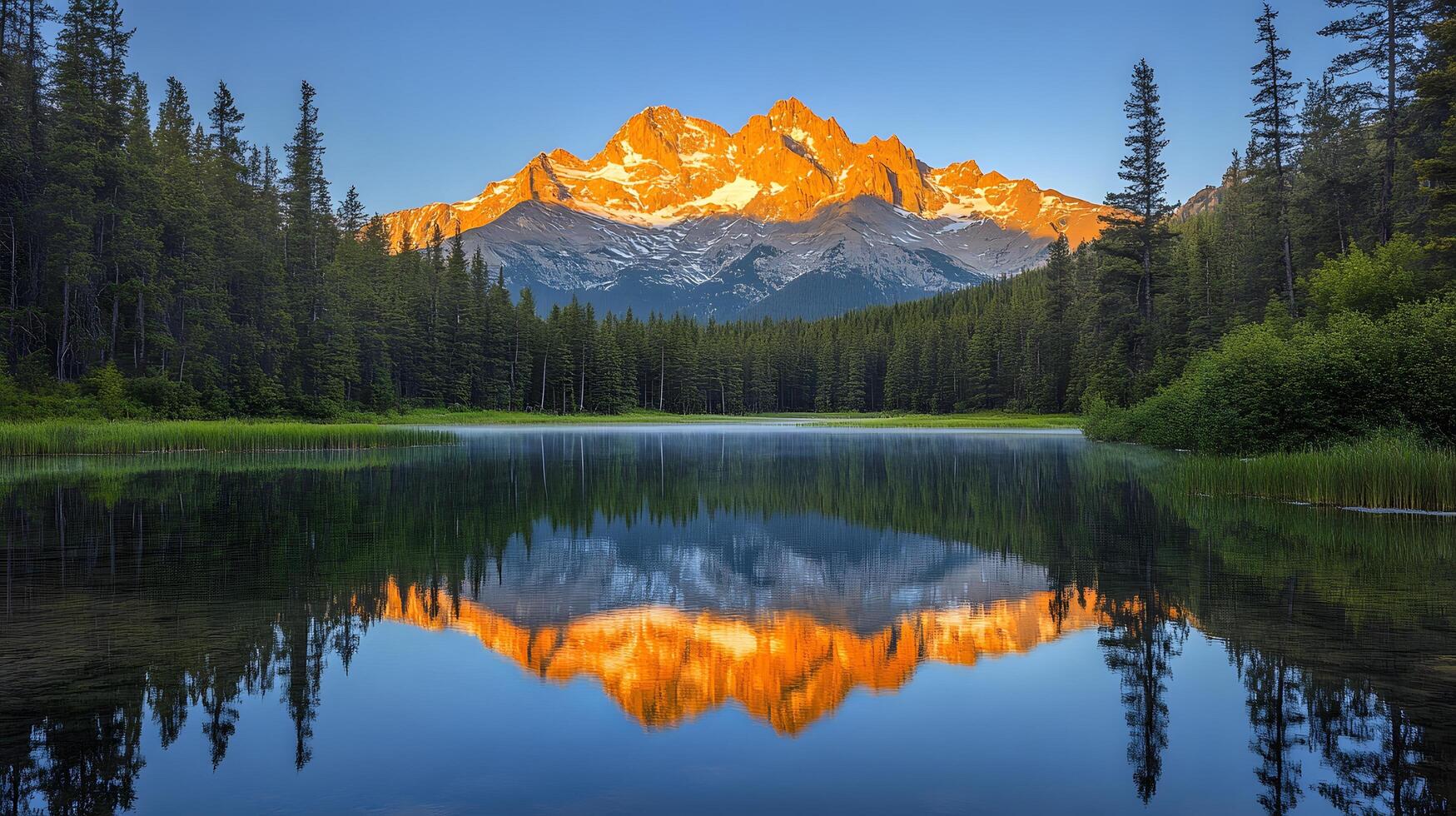 Majestic golden mountain peak reflects perfectly in calm alpine lake during sunset, featuring snow-capped summit glowing orange, pristine turquoise water, and green forested slopes glacier photo