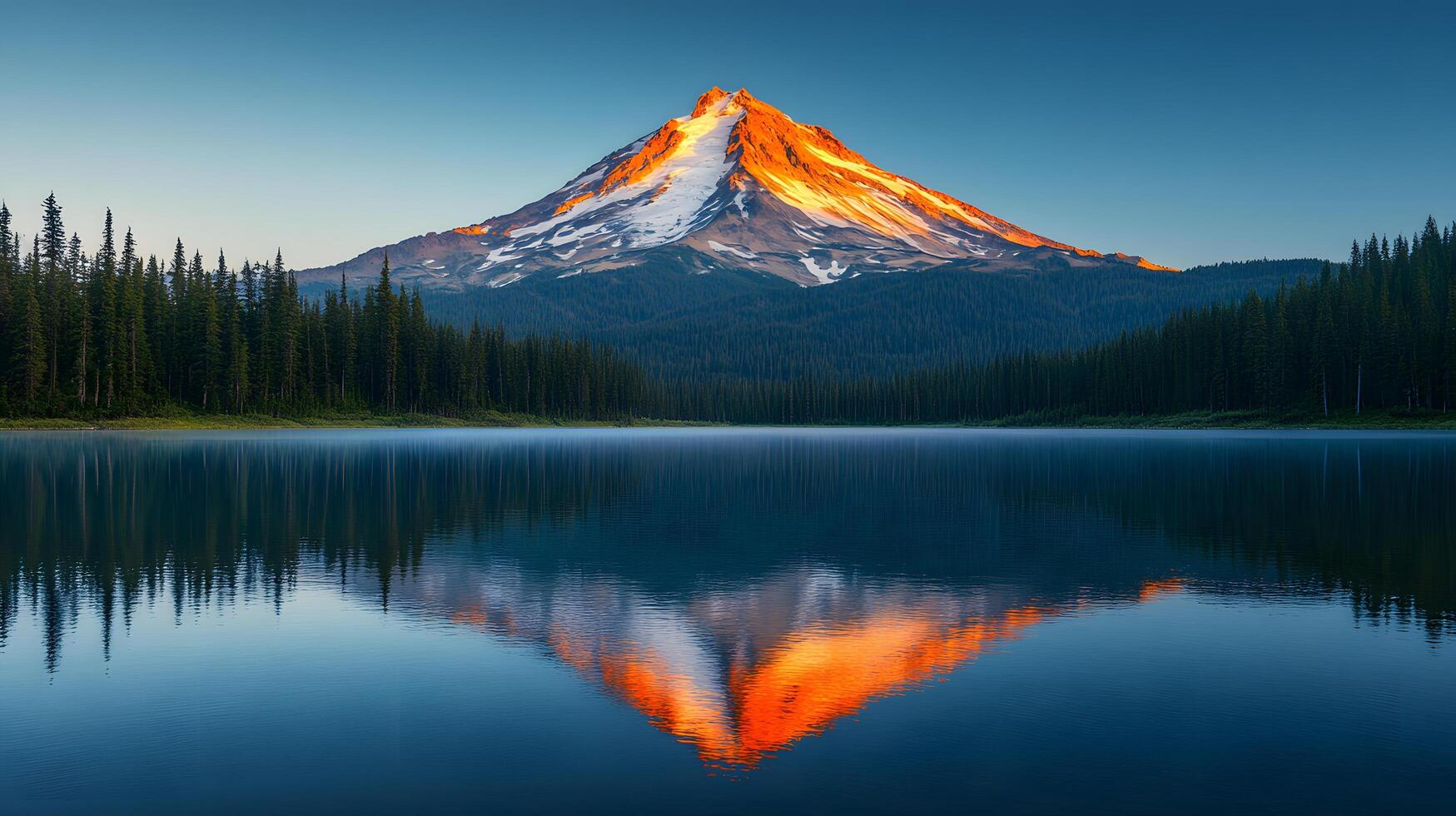Majestic golden mountain peak reflects perfectly in calm alpine lake during sunset, featuring snow-capped summit glowing orange, pristine turquoise water, and green forested slopes reflect photo