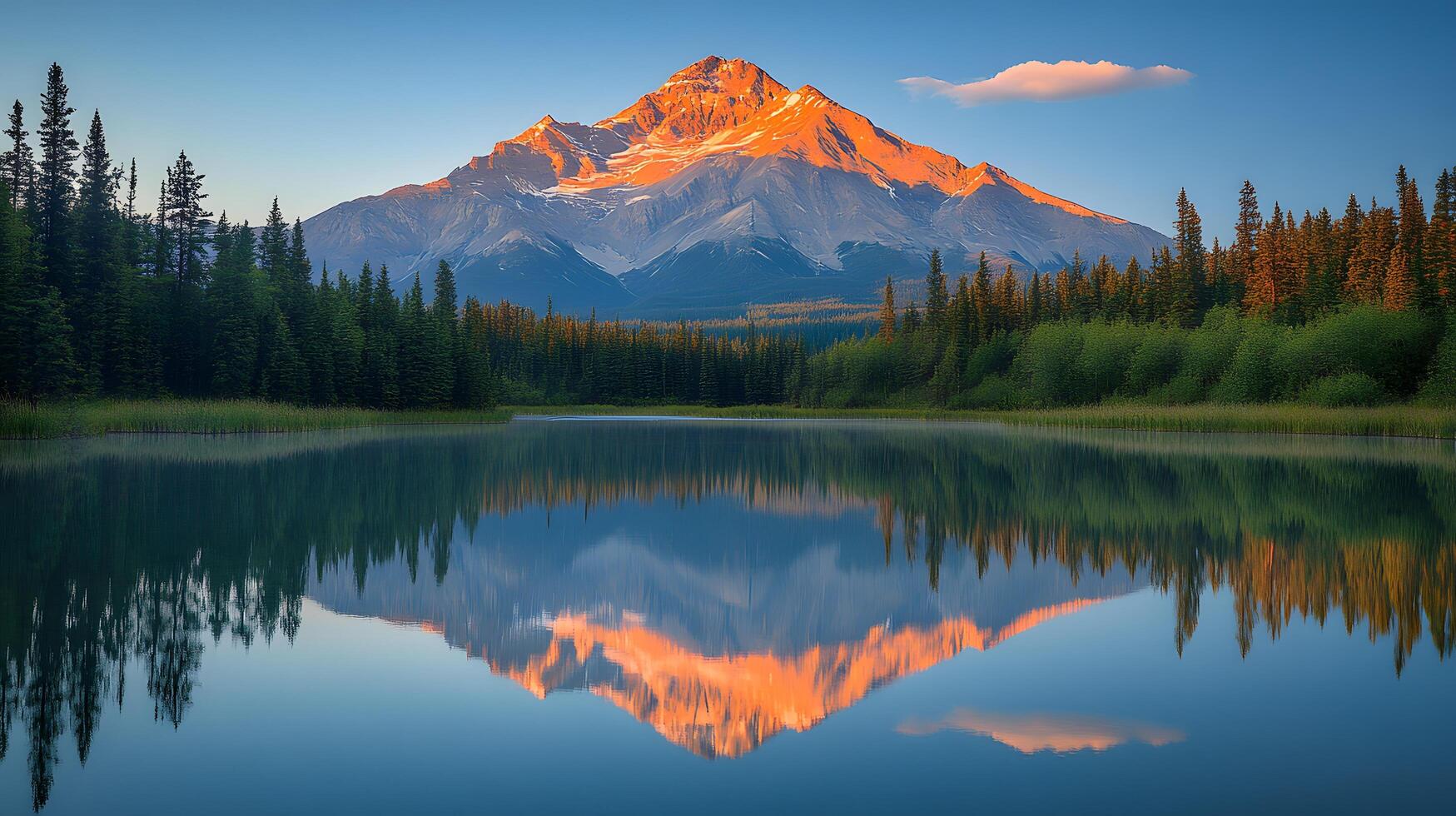 Majestic golden mountain peak reflects perfectly in calm alpine lake during sunset, featuring snow-capped summit glowing orange, pristine turquoise water, and green forested slopes peak photo