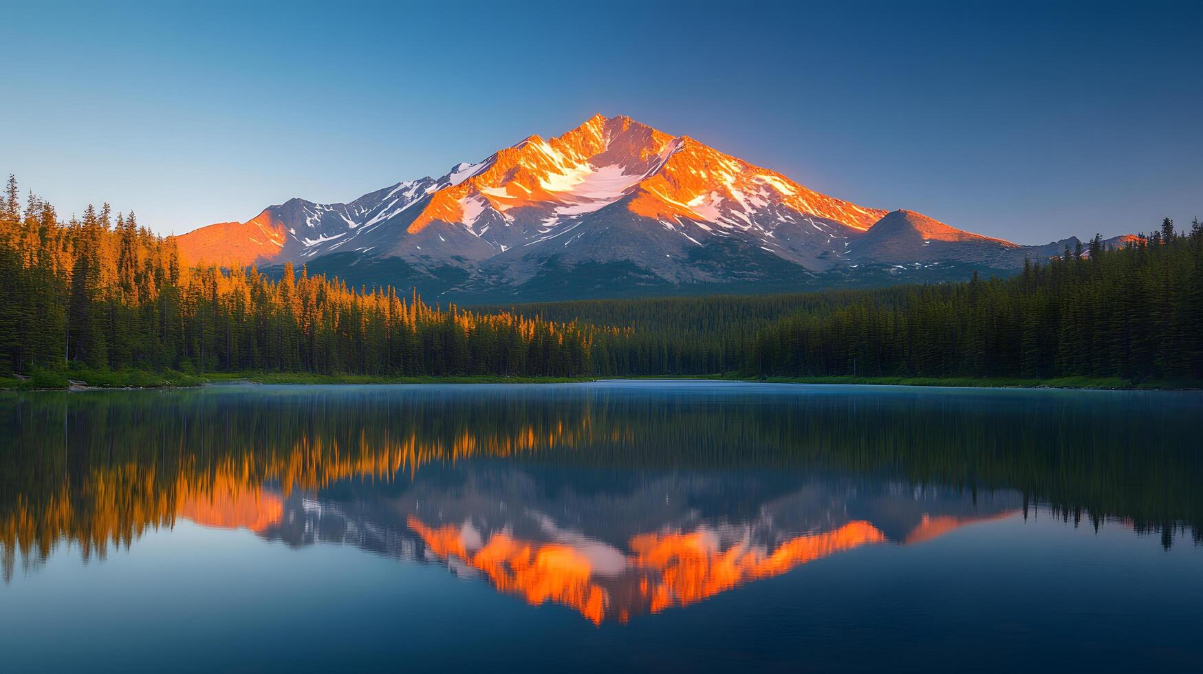Majestic golden mountain peak reflects perfectly in calm alpine lake during sunset, featuring snow-capped summit glowing orange, pristine turquoise water, and green forested slopes lake photo