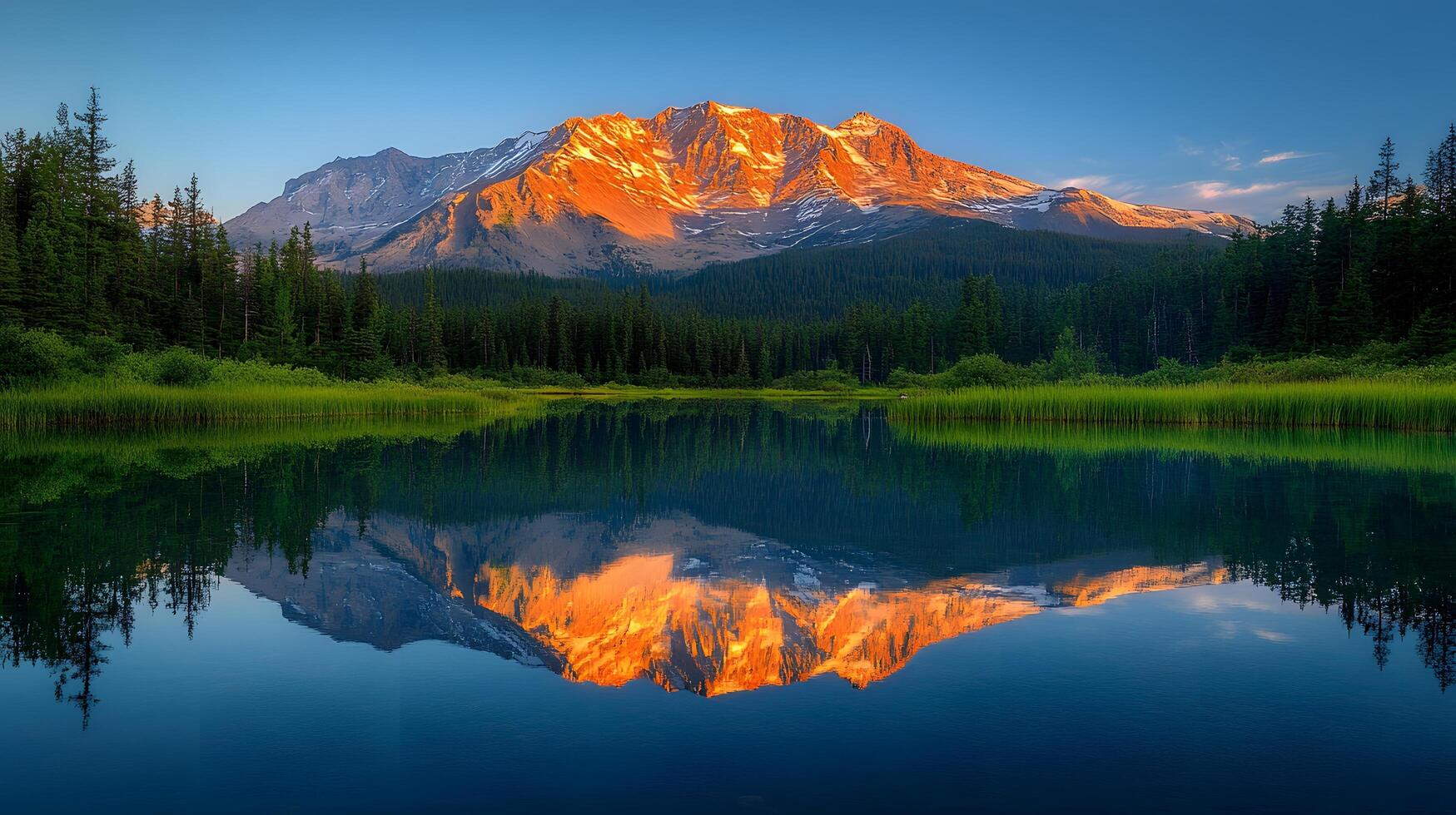 Majestic golden mountain peak reflects perfectly in calm alpine lake during sunset, featuring snow-capped summit glowing orange, pristine turquoise water, and green forested slopes sunset photo