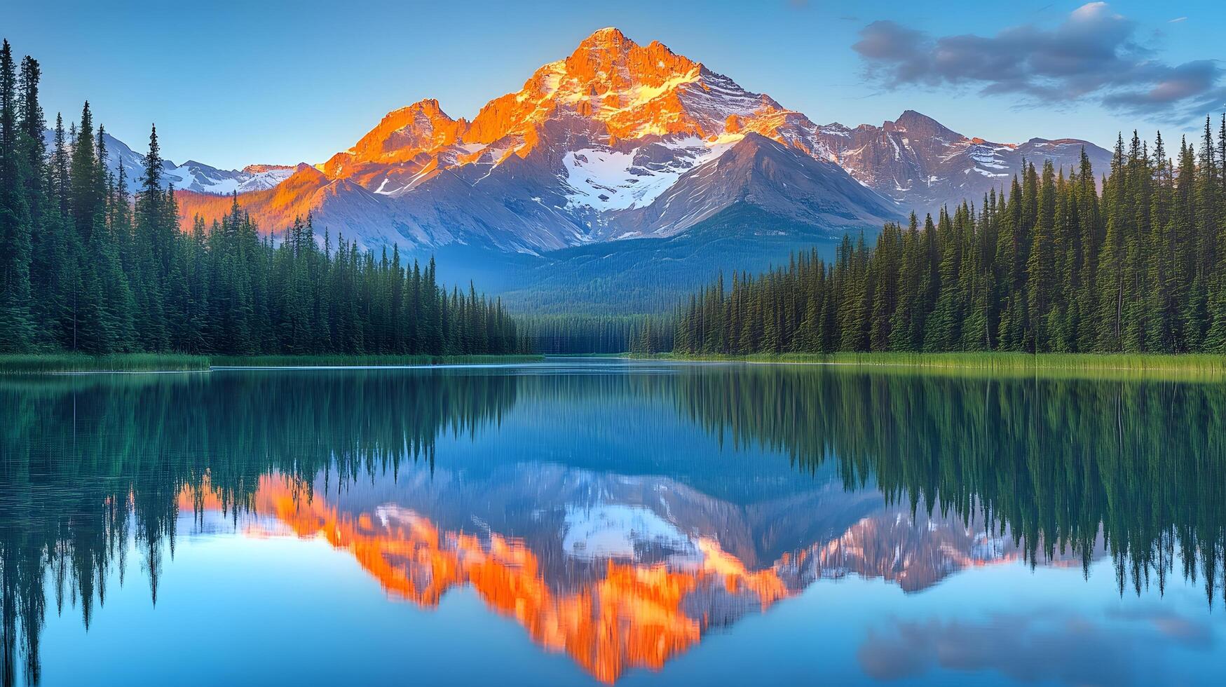 Majestic golden mountain peak reflects perfectly in calm alpine lake during sunset, featuring snow-capped summit glowing orange, pristine turquoise water, and green forested slopes snow photo