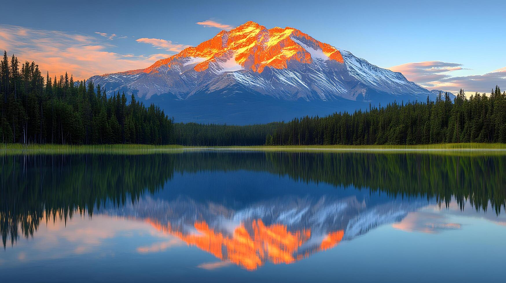 Majestic golden mountain peak reflects perfectly in calm alpine lake during sunset, featuring snow-capped summit glowing orange, pristine turquoise water, and green forested slopes glow photo