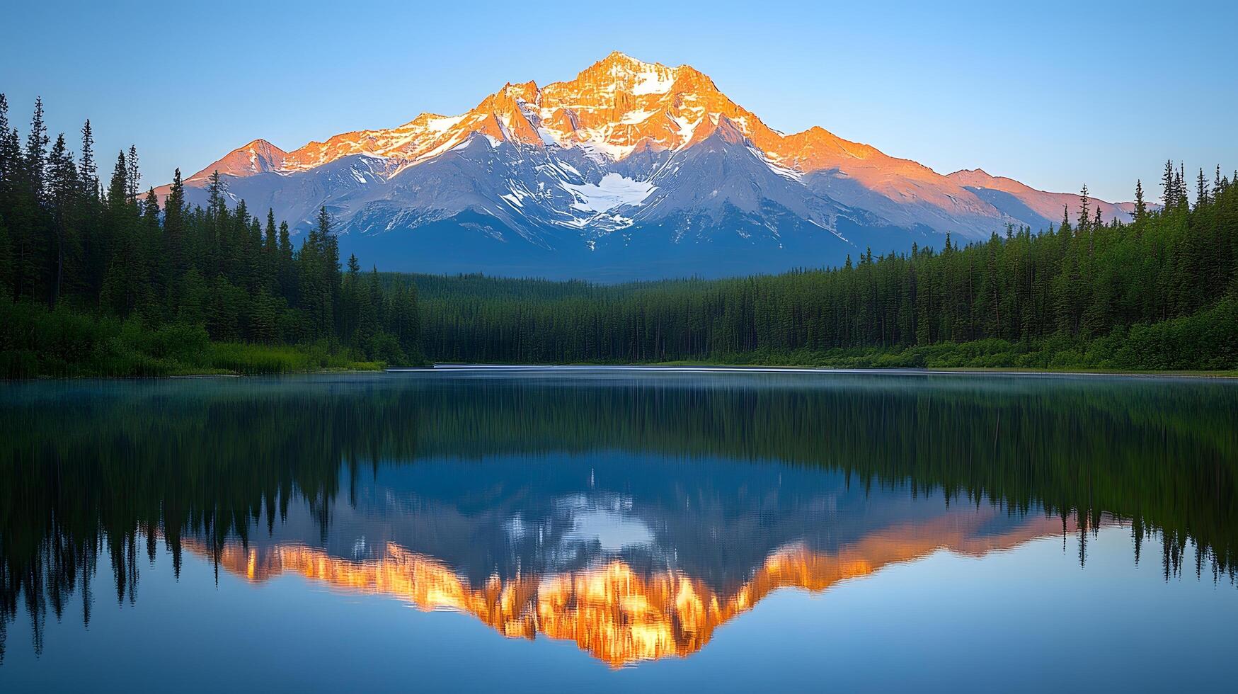Majestic golden mountain peak reflects perfectly in calm alpine lake during sunset, featuring snow-capped summit glowing orange, pristine turquoise water, and green forested slopes water photo