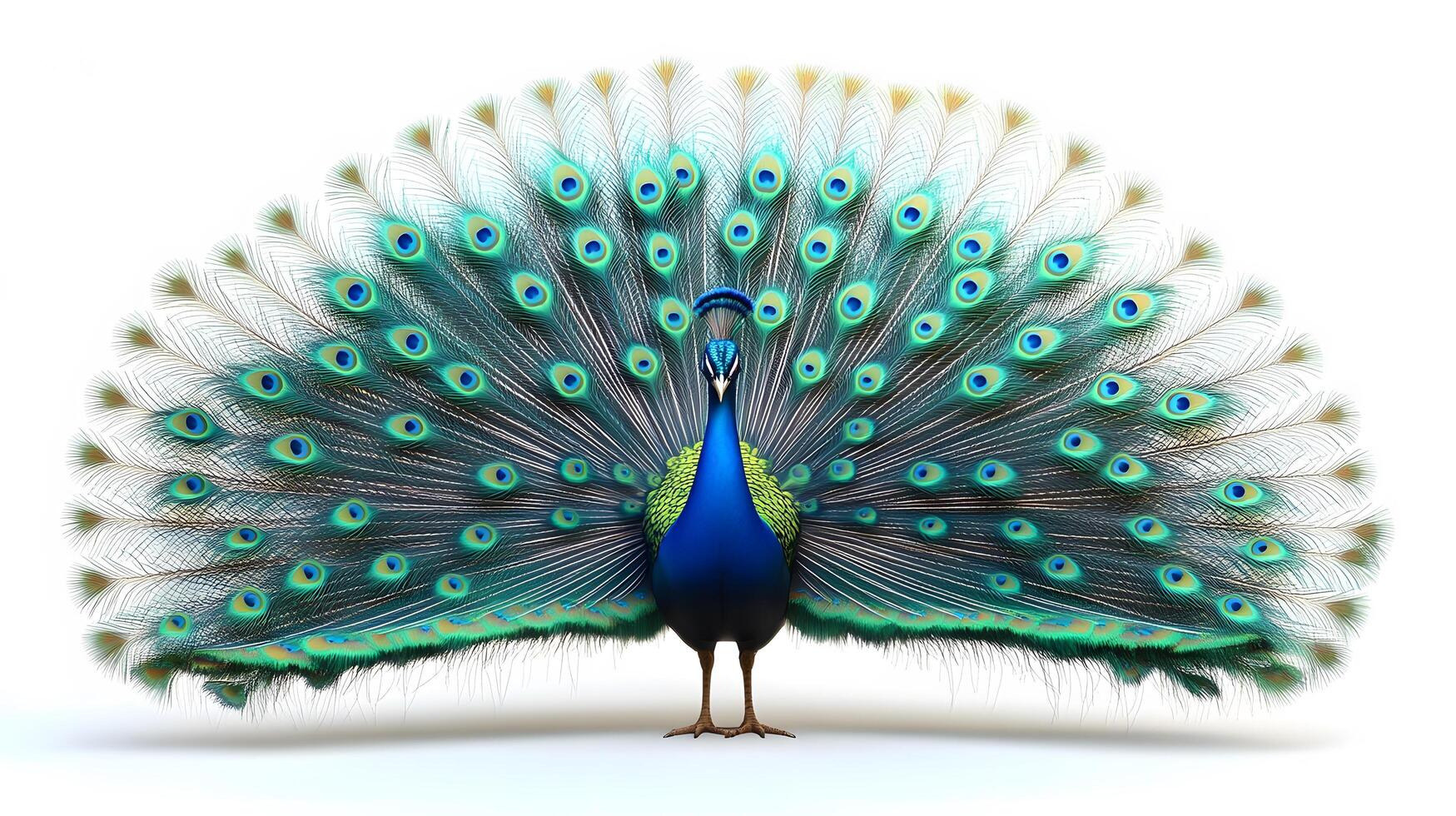 Majestic peacock displays full tail feathers with iridescent emerald and turquoise plumage, showcasing golden eye spots in symmetrical composition, royal blue body, and vibrant ornate patterns. tail photo