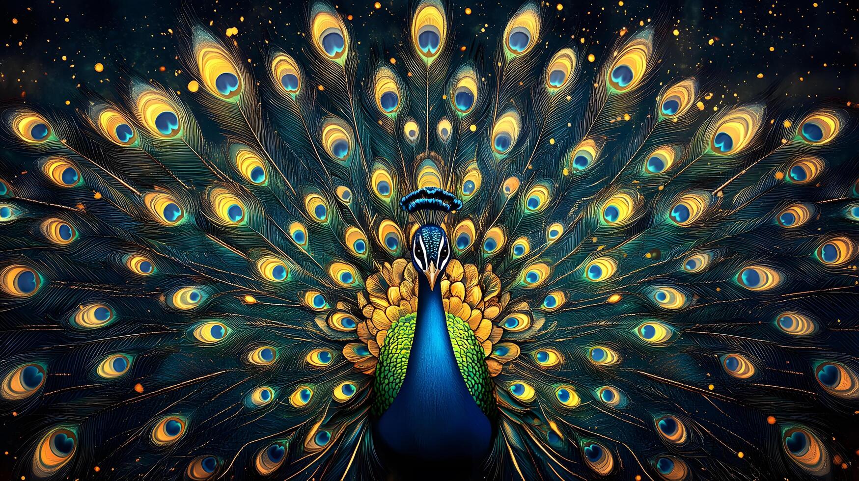 Majestic peacock displays full tail feathers with iridescent emerald and turquoise plumage, showcasing golden eye spots in symmetrical composition, royal blue body, and vibrant ornate patterns. wildl photo