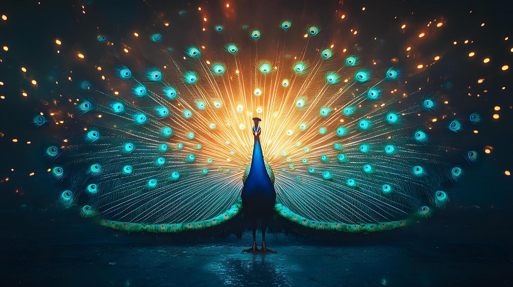 Majestic peacock displays full tail feathers with iridescent emerald and turquoise plumage, showcasing golden eye spots in symmetrical composition, royal blue body, and vibrant ornate patterns. color photo