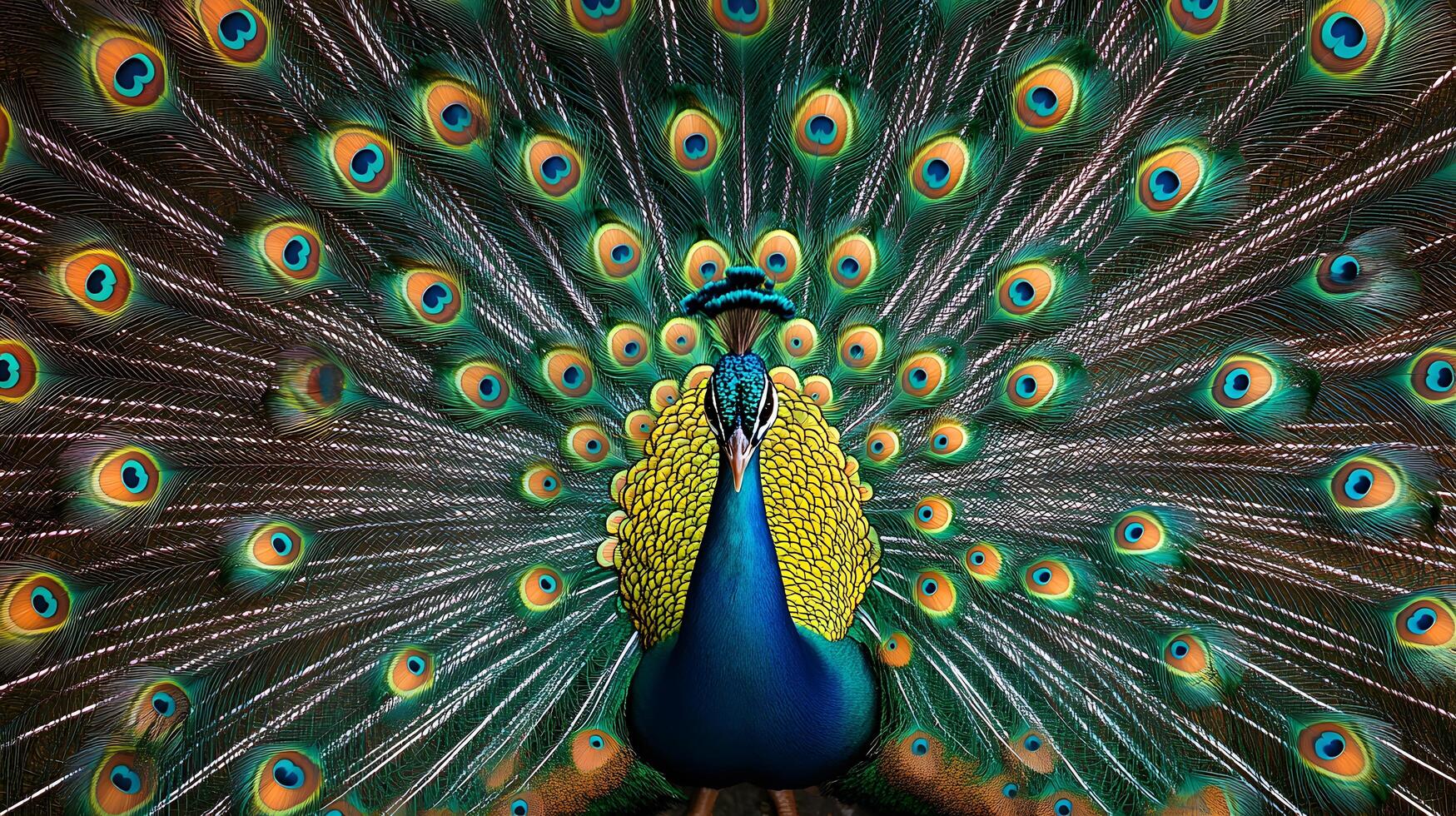 Majestic peacock displays full tail feathers with iridescent emerald and turquoise plumage, showcasing golden eye spots in symmetrical composition, royal blue body, and vibrant ornate patterns. elega photo