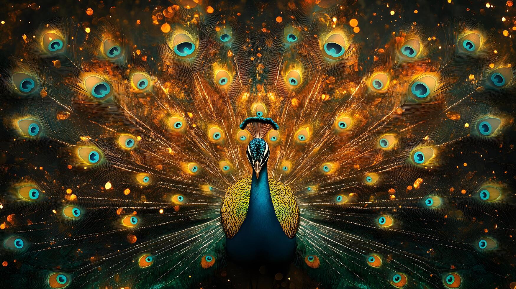 Majestic peacock displays full tail feathers with iridescent emerald and turquoise plumage, showcasing golden eye spots in symmetrical composition, royal blue body, and vibrant ornate patterns. majes photo