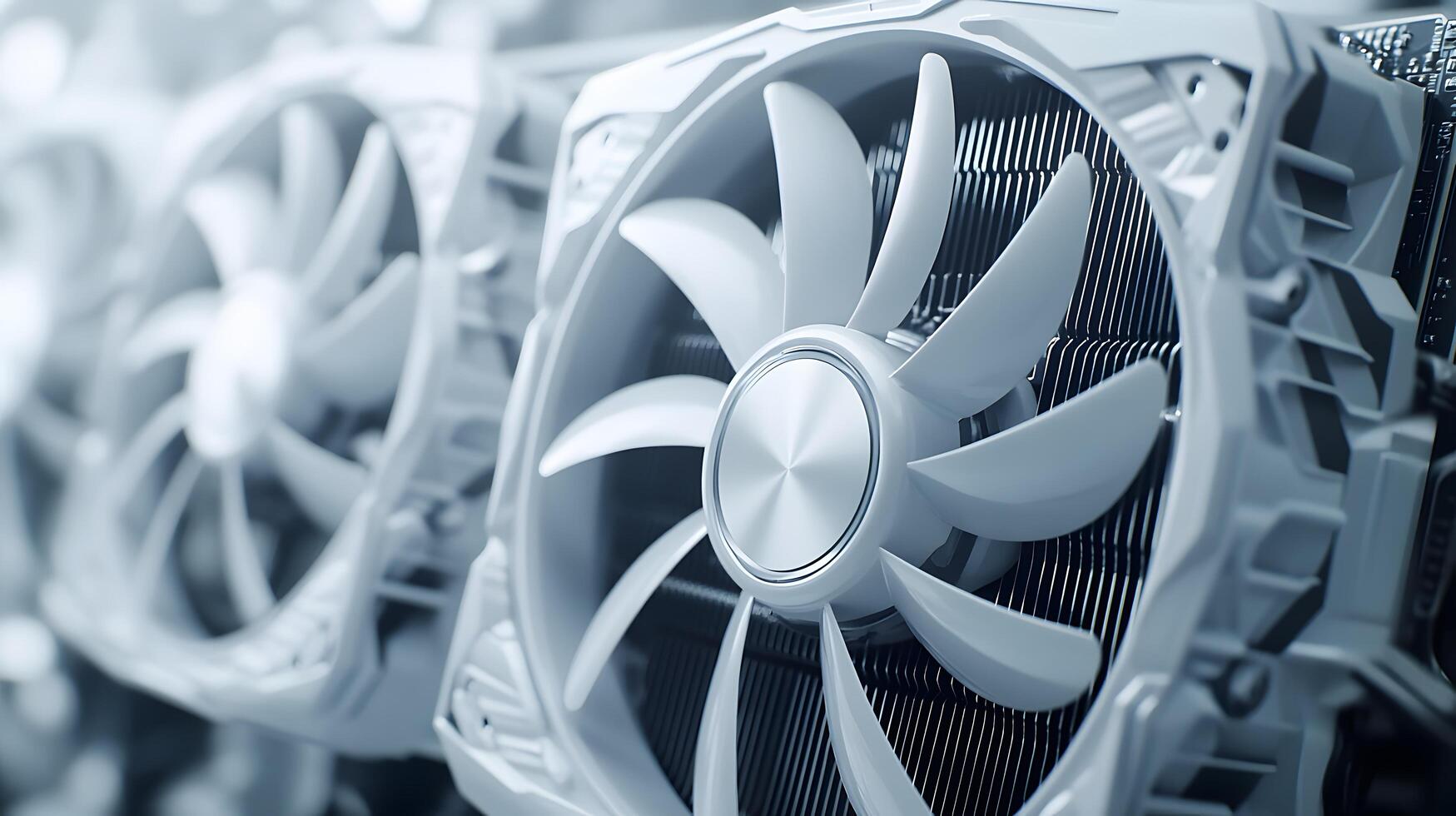 Modern white computer GPU cooling fans showcase detailed graphics card components with clean technology aesthetic, metallic finish, and precise mechanical details in premium gaming hardware. white photo