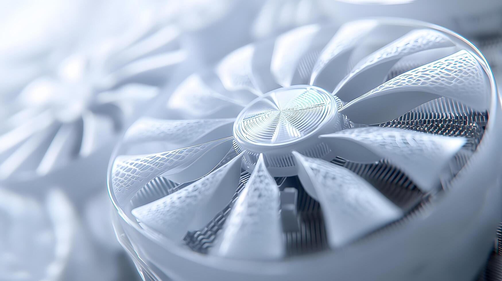 Modern white computer GPU cooling fans showcase detailed graphics card components with clean technology aesthetic, metallic finish, and precise mechanical details in premium gaming hardware. modern photo