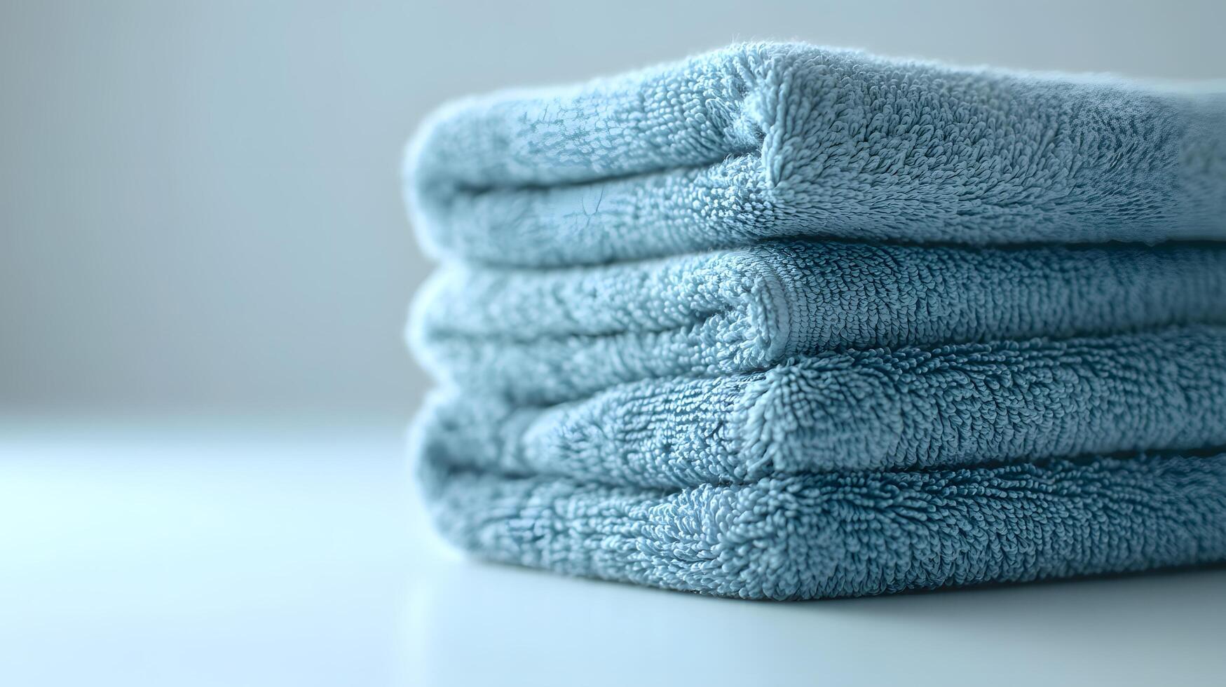 Soft blue cotton towels stack neatly folded, showcasing plush luxury bathroom textiles with high-quality fabric texture in pale blue theme, creating spa-like atmosphere against white background. pale photo