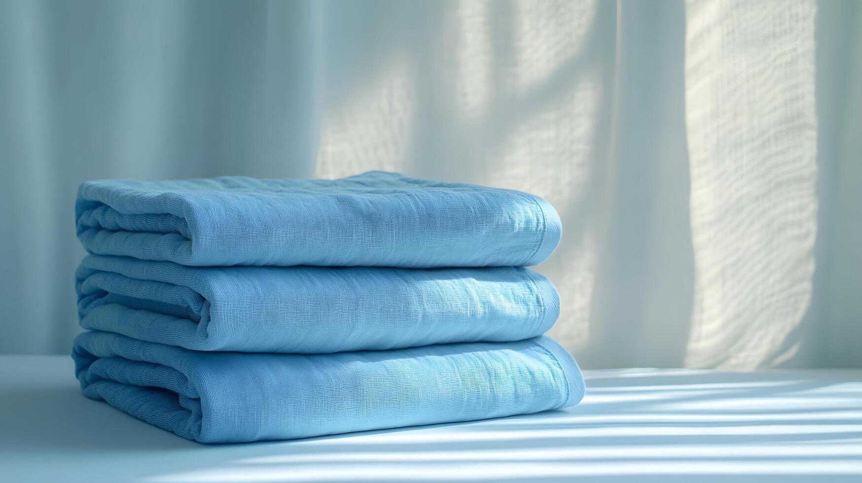 Soft blue cotton towels stack neatly folded, showcasing plush luxury bathroom textiles with high-quality fabric texture in pale blue theme, creating spa-like atmosphere against white background. neat photo