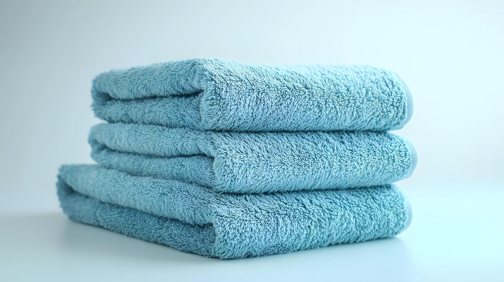 Soft blue cotton towels stack neatly folded, showcasing plush luxury bathroom textiles with high-quality fabric texture in pale blue theme, creating spa-like atmosphere against white background. blue photo