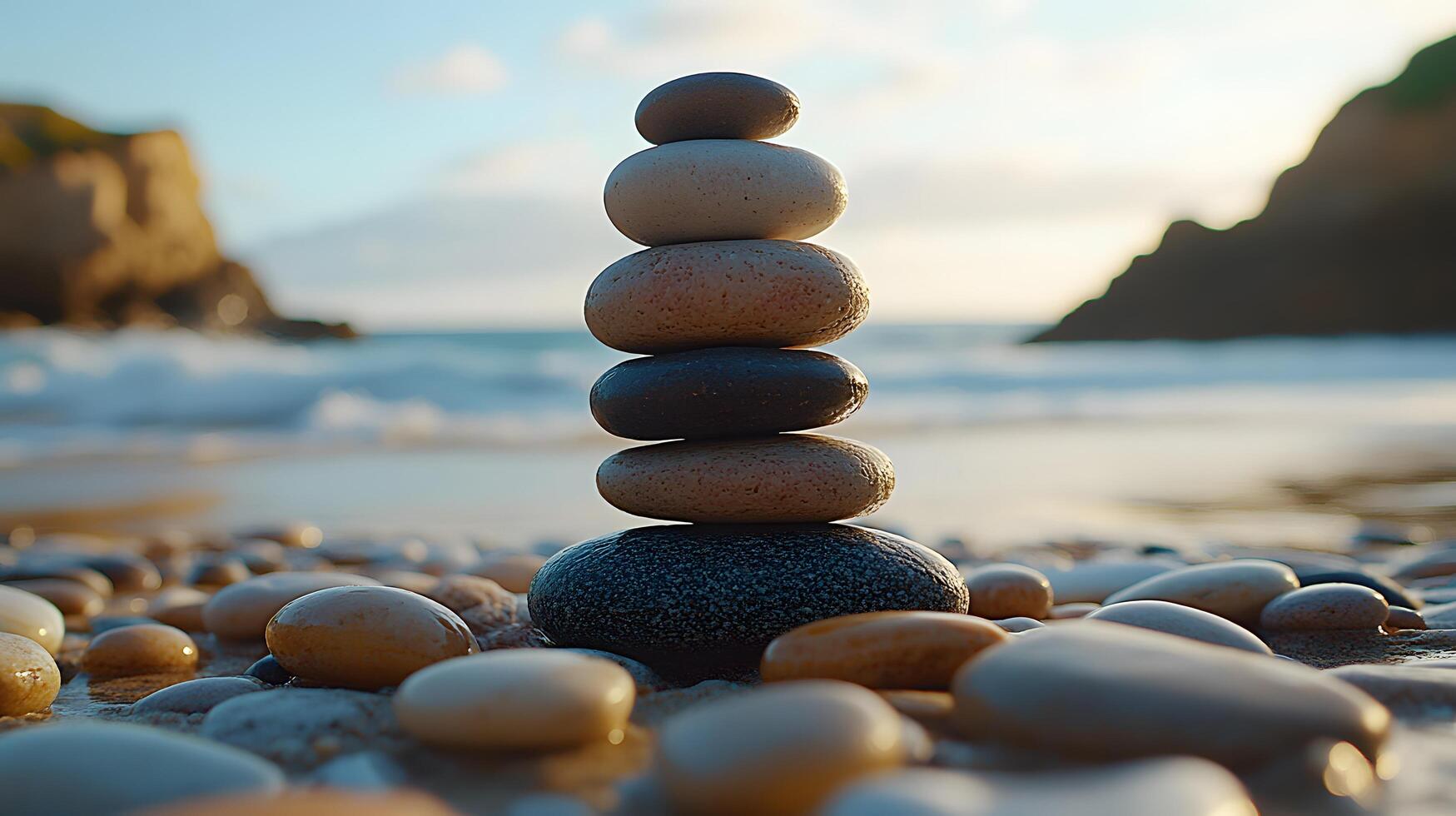 Zen balanced stones stack artfully on beach pebbles with blurred ocean background, creating tranquil seascape bokeh and meditation concept through smooth river rocks pyramid arrangement. ocean photo