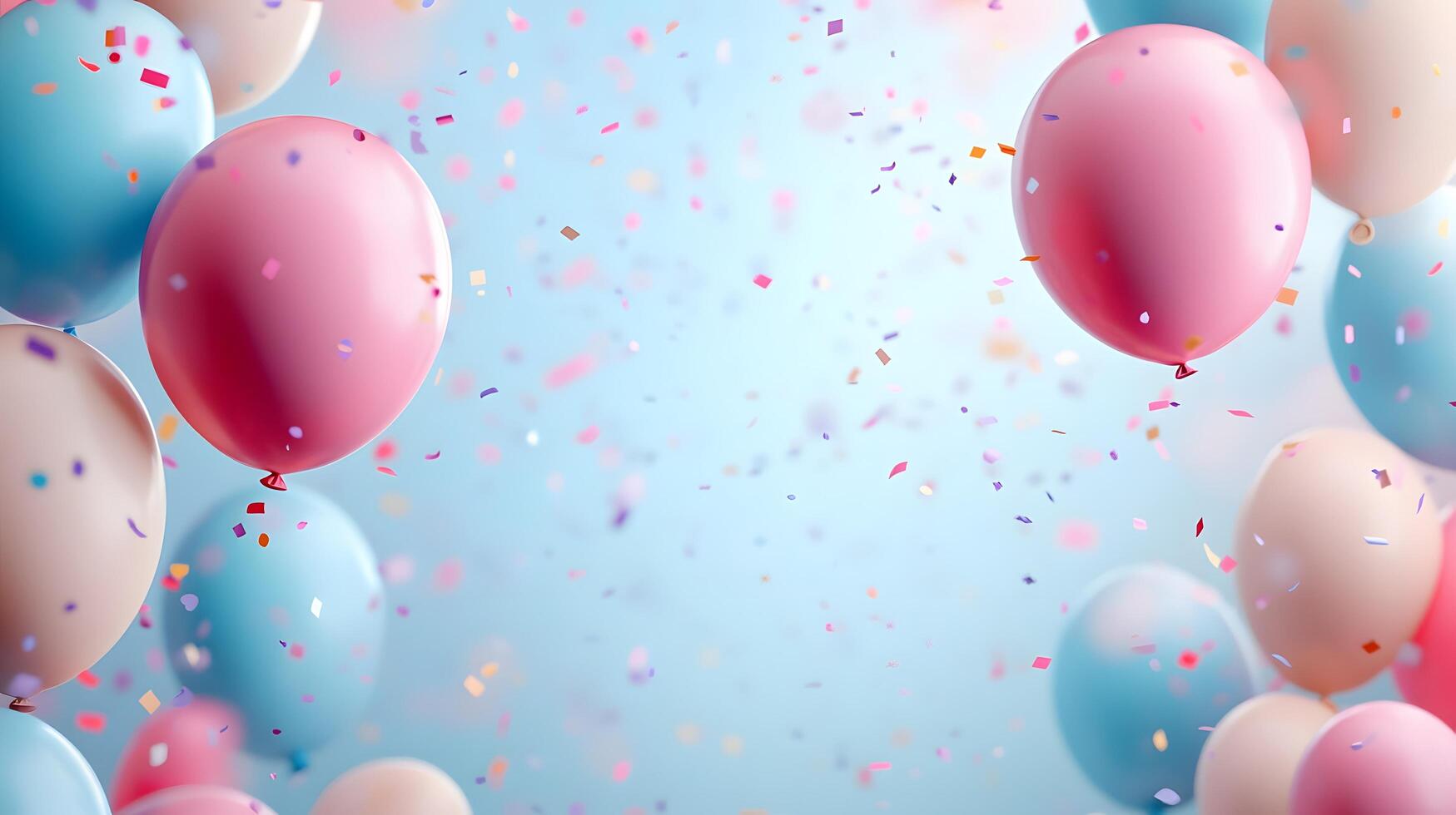 Festive frame of colorful balloons adorns soft gradient background with scattered pastel confetti, creating celebratory atmosphere with pink and blue scheme and dreamy bokeh light effects. whimsical photo