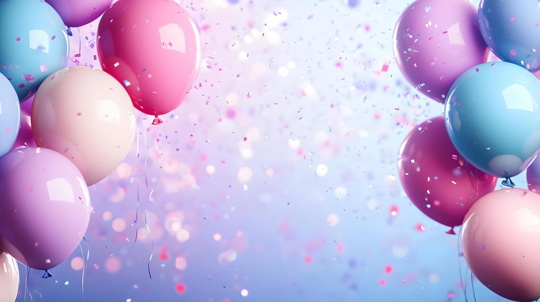 Festive frame of colorful balloons adorns soft gradient background with scattered pastel confetti, creating celebratory atmosphere with pink and blue scheme and dreamy bokeh light effects. dynamic photo