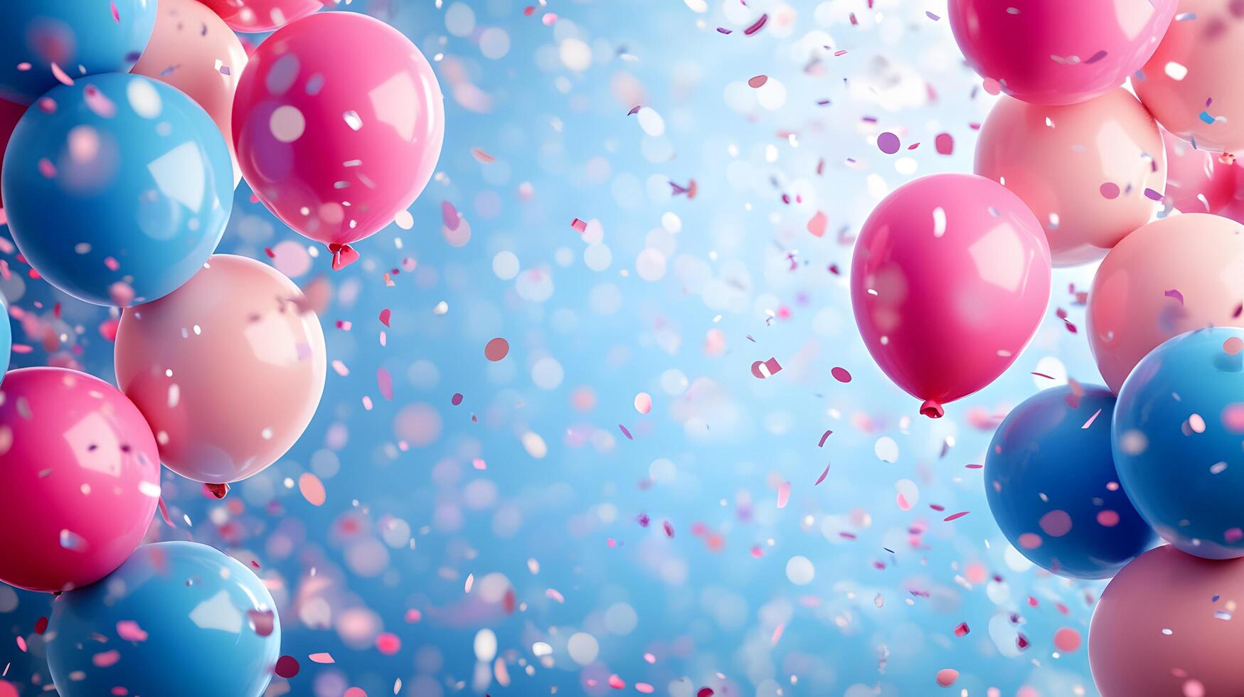 Festive frame of colorful balloons adorns soft gradient background with scattered pastel confetti, creating celebratory atmosphere with pink and blue scheme and dreamy bokeh light effects. bubbly photo