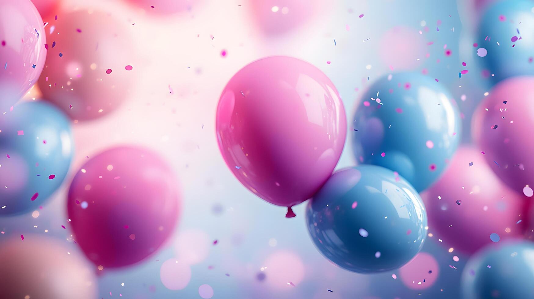 Festive frame of colorful balloons adorns soft gradient background with scattered pastel confetti, creating celebratory atmosphere with pink and blue scheme and dreamy bokeh light effects. balloons photo