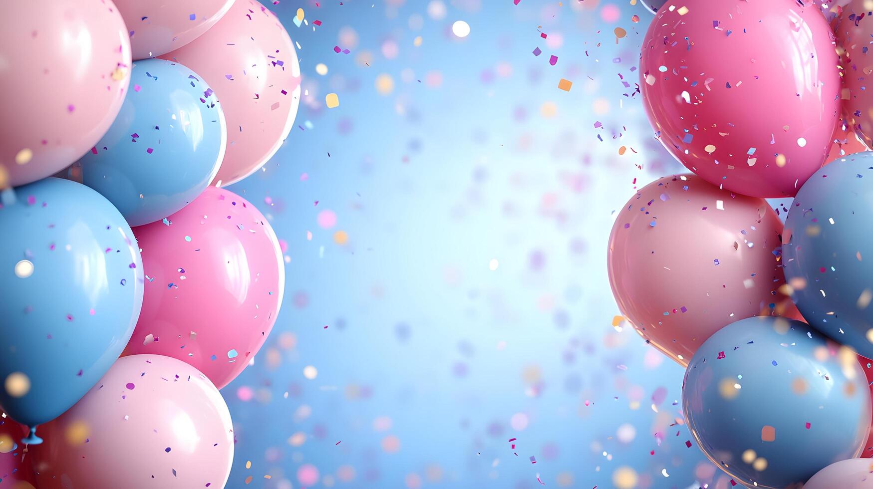 Festive frame of colorful balloons adorns soft gradient background with scattered pastel confetti, creating celebratory atmosphere with pink and blue scheme and dreamy bokeh light effects. celebrator photo