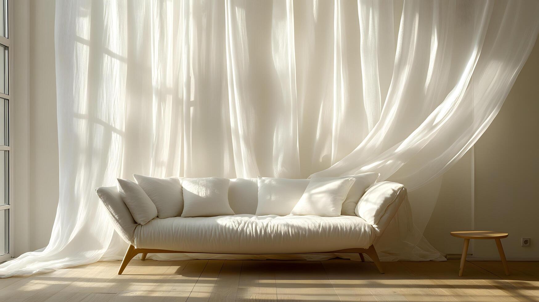 Modern interior displays elegant white sofa with flowing sheer curtains, natural sunlight streaming through windows, creating airy atmosphere in minimalist living space. contemporary photo