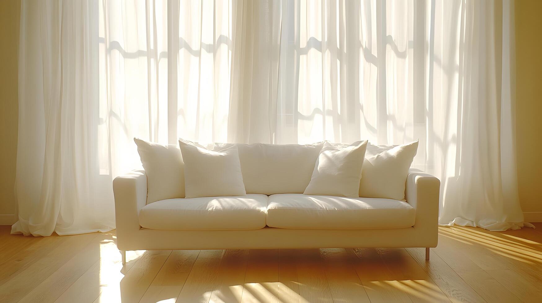 Modern interior displays elegant white sofa with flowing sheer curtains, natural sunlight streaming through windows, creating airy atmosphere in minimalist living space. clean photo