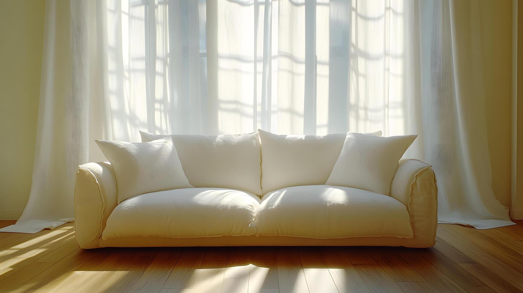 Modern interior displays elegant white sofa with flowing sheer curtains, natural sunlight streaming through windows, creating airy atmosphere in minimalist living space. peaceful photo