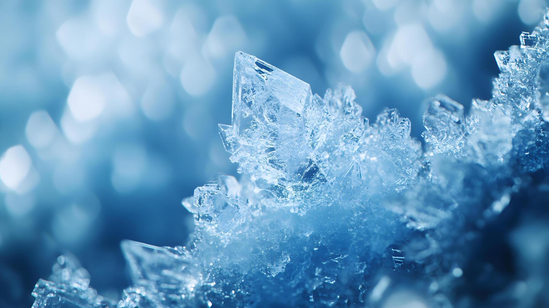 Detailed macro view reveals delicate ice crystal formations with translucent blue frost patterns, showcasing geometric structures and ethereal frozen shapes in natural mineral arrangements. symmetric photo