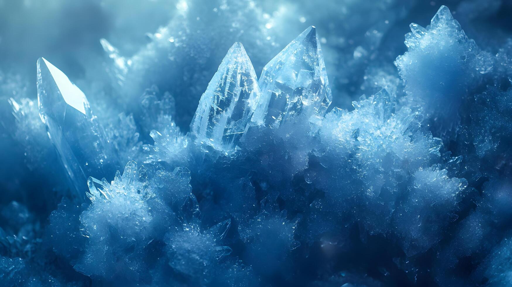 Detailed macro view reveals delicate ice crystal formations with translucent blue frost patterns, showcasing geometric structures and ethereal frozen shapes in natural mineral arrangements. pure photo