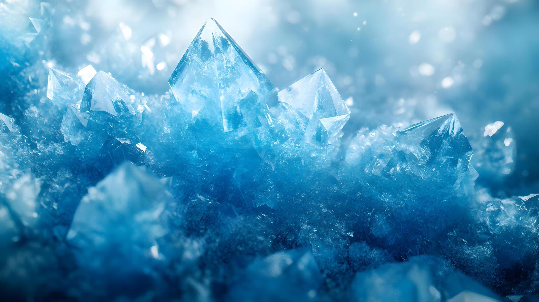 Detailed macro view reveals delicate ice crystal formations with translucent blue frost patterns, showcasing geometric structures and ethereal frozen shapes in natural mineral arrangements. shimmerin photo