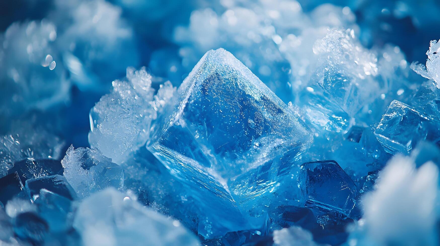 Detailed macro view reveals delicate ice crystal formations with translucent blue frost patterns, showcasing geometric structures and ethereal frozen shapes in natural mineral arrangements. macro photo