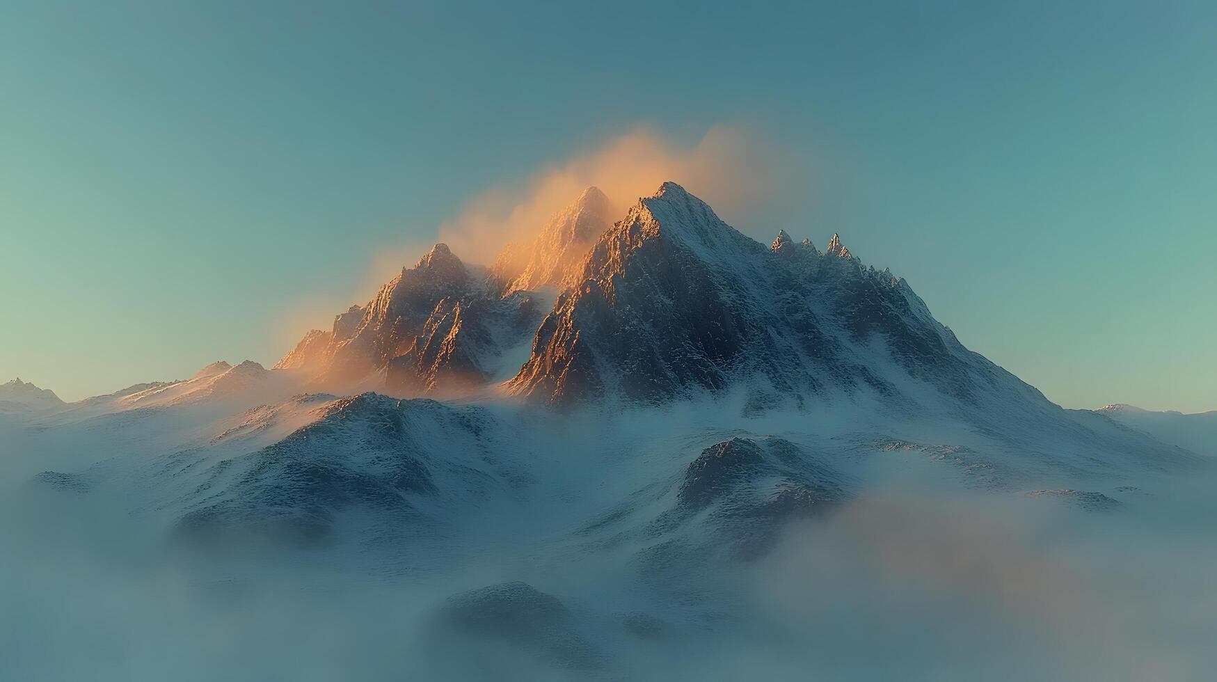 Mountain landscape features snow-capped peaks illuminated by golden sunrise, surrounded by misty clouds at base, set against clear blue sky in dramatic alpine scenery. blue photo