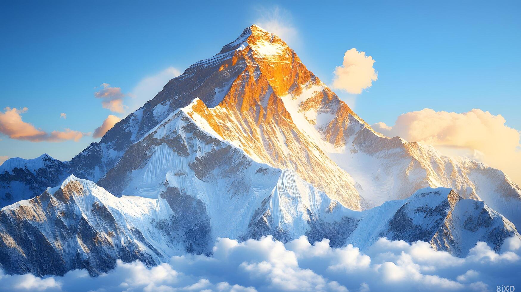 Mountain landscape features snow-capped peaks illuminated by golden sunrise, surrounded by misty clouds at base, set against clear blue sky in dramatic alpine scenery. alpine photo
