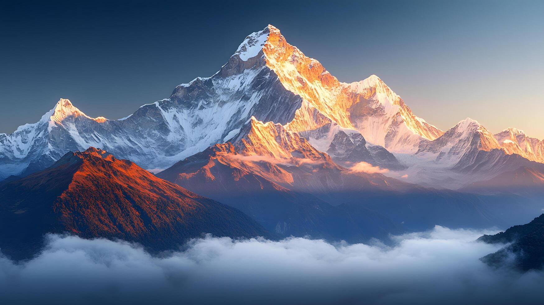 Mountain landscape features snow-capped peaks illuminated by golden sunrise, surrounded by misty clouds at base, set against clear blue sky in dramatic alpine scenery. majestic photo