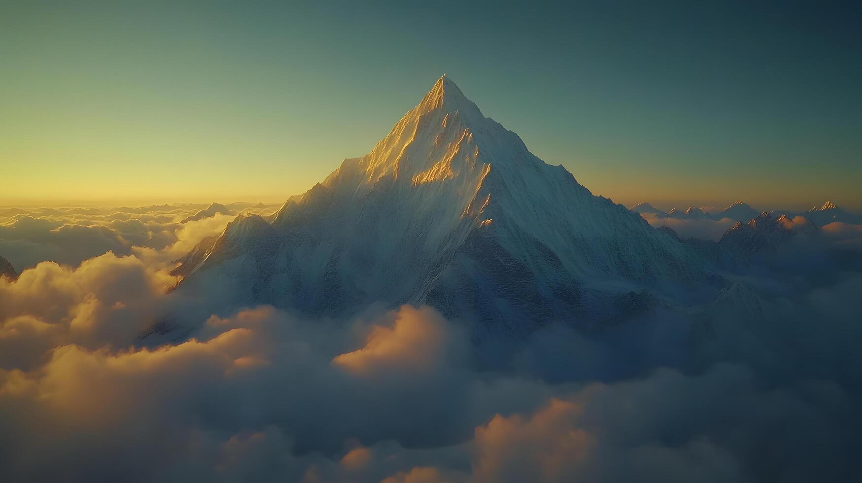 Mountain landscape features snow-capped peaks illuminated by golden sunrise, surrounded by misty clouds at base, set against clear blue sky in dramatic alpine scenery. grand photo