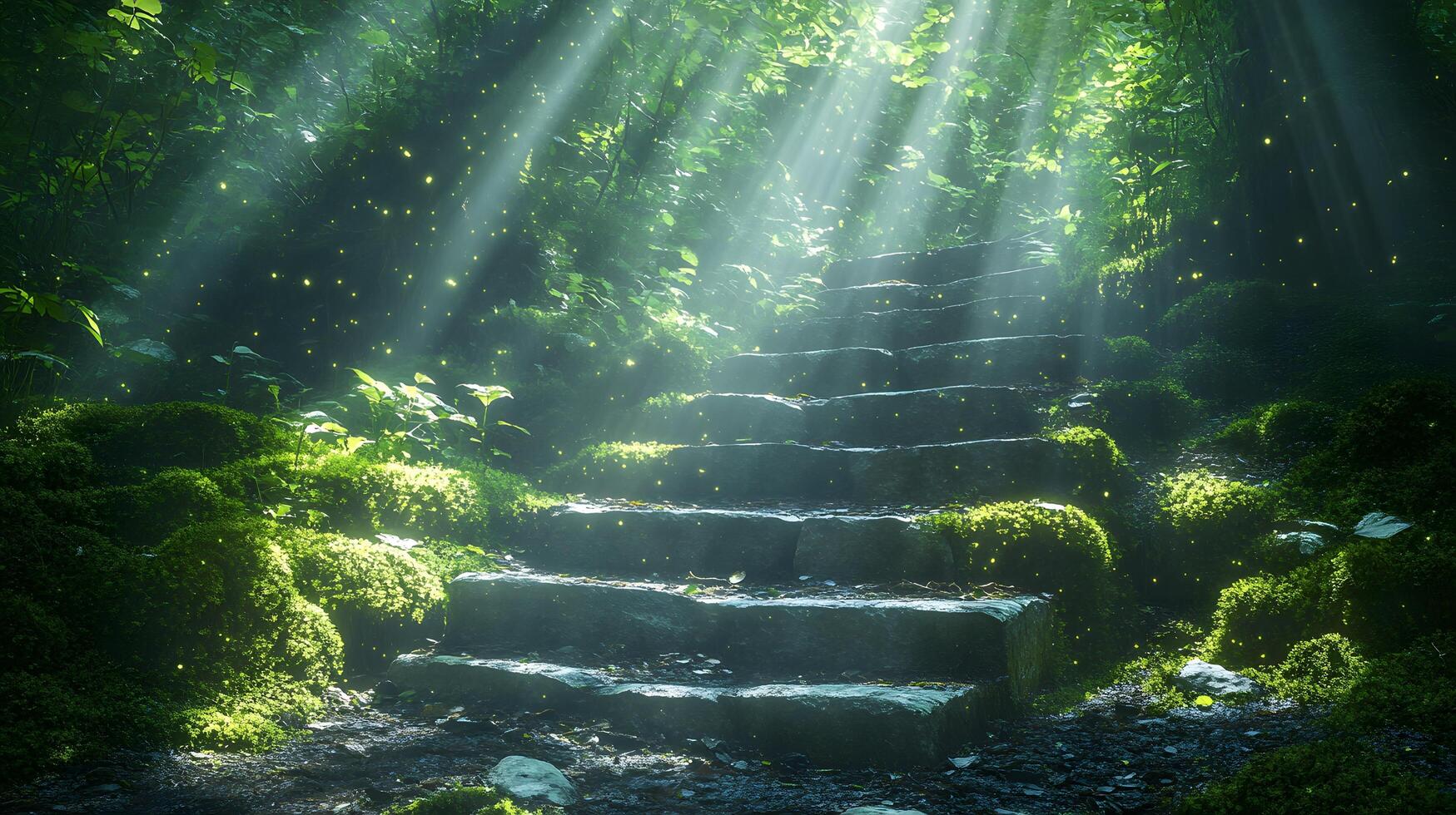 Mystical forest pathway features moss-covered stone steps leading through dense foliage, with magical sunbeams piercing the canopy, creating ethereal light rays and glowing particles magical photo