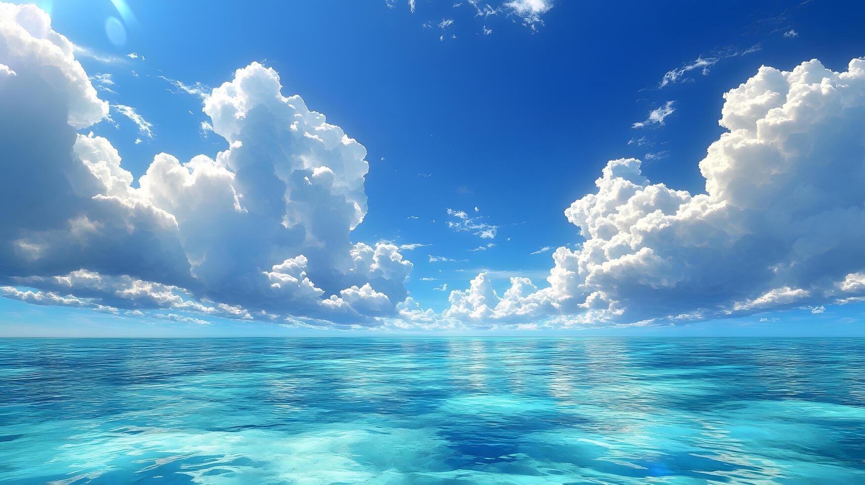 Tropical paradise scene combines pristine blue sky with crystal-clear turquoise waters, revealing vibrant coral reef beneath surface while white cumulus clouds float overhead. tranquil photo