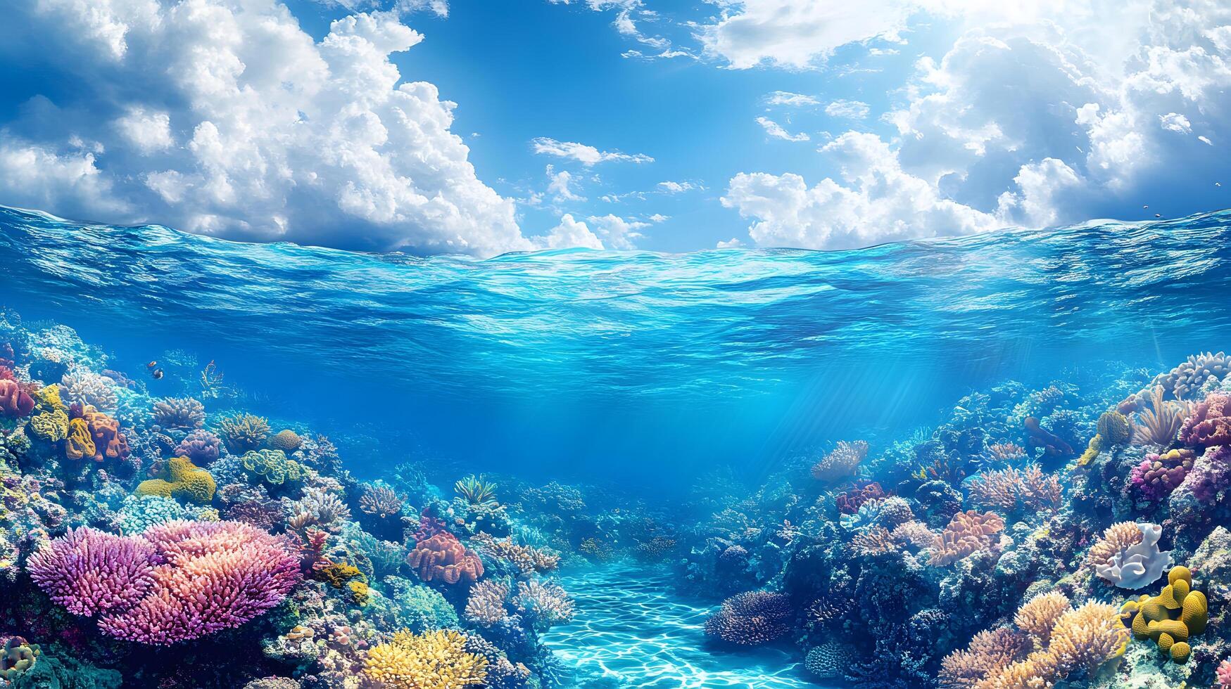 Tropical paradise scene combines pristine blue sky with crystal-clear turquoise waters, revealing vibrant coral reef beneath surface while white cumulus clouds float overhead. heavenly photo