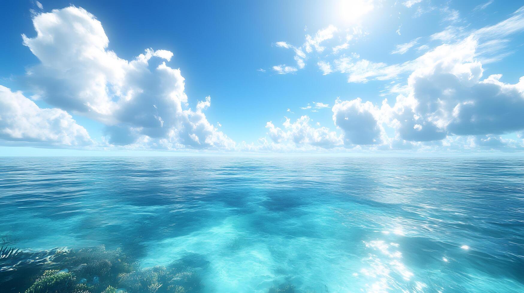 Tropical paradise scene combines pristine blue sky with crystal-clear turquoise waters, revealing vibrant coral reef beneath surface while white cumulus clouds float overhead. paradise photo