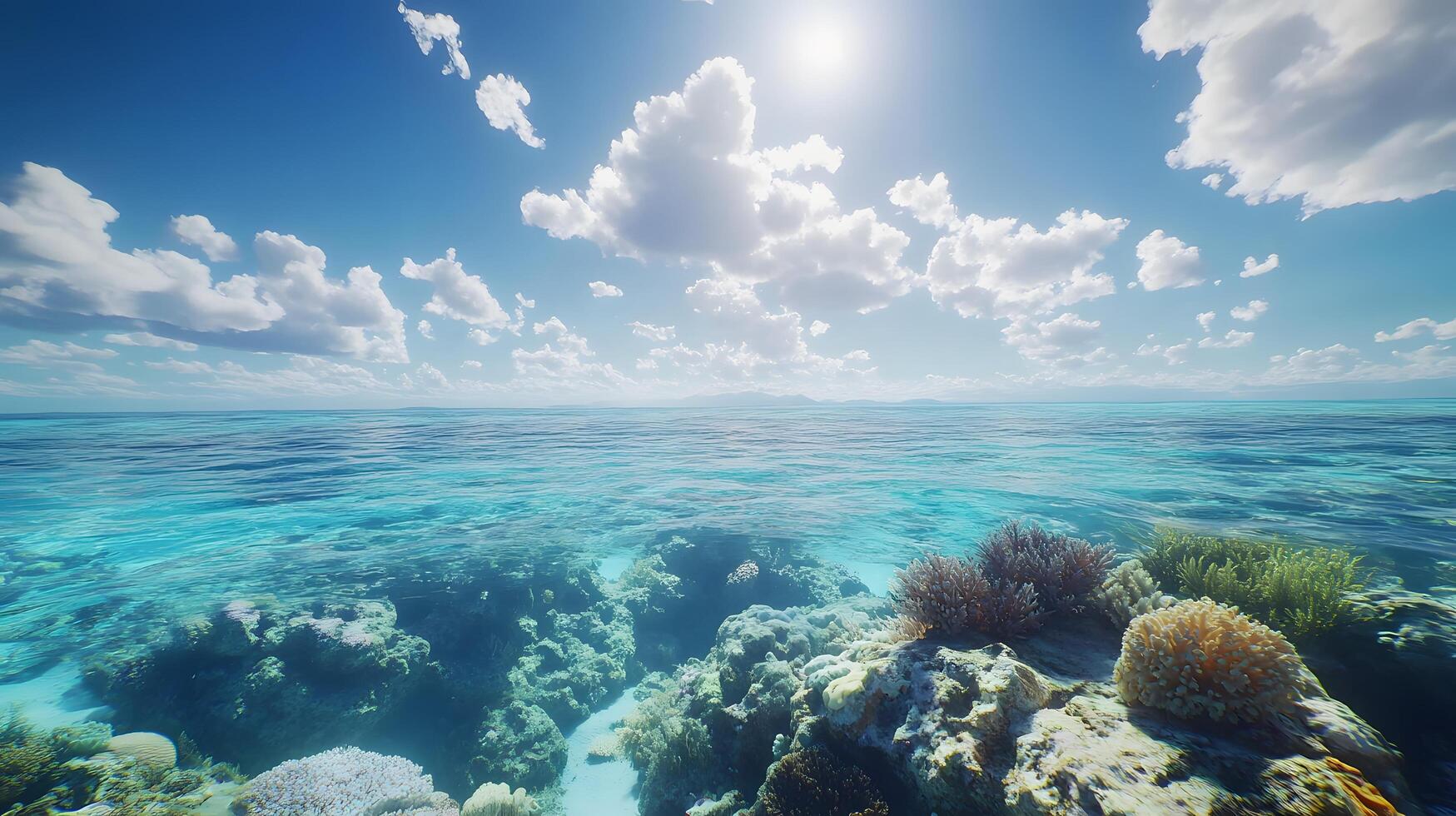 Tropical paradise scene combines pristine blue sky with crystal-clear turquoise waters, revealing vibrant coral reef beneath surface while white cumulus clouds float overhead. clear photo
