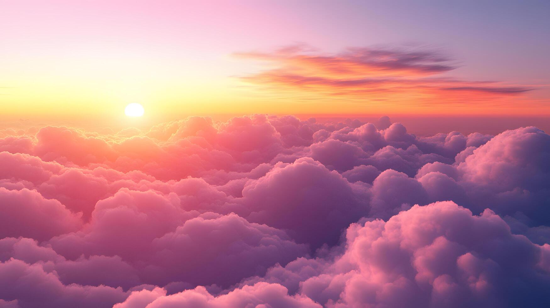 Dramatic skyscape showcases vibrant sunset with pink and purple hues, featuring golden orange horizon and wispy cloud formations in magical twilight atmosphere. vibrant photo