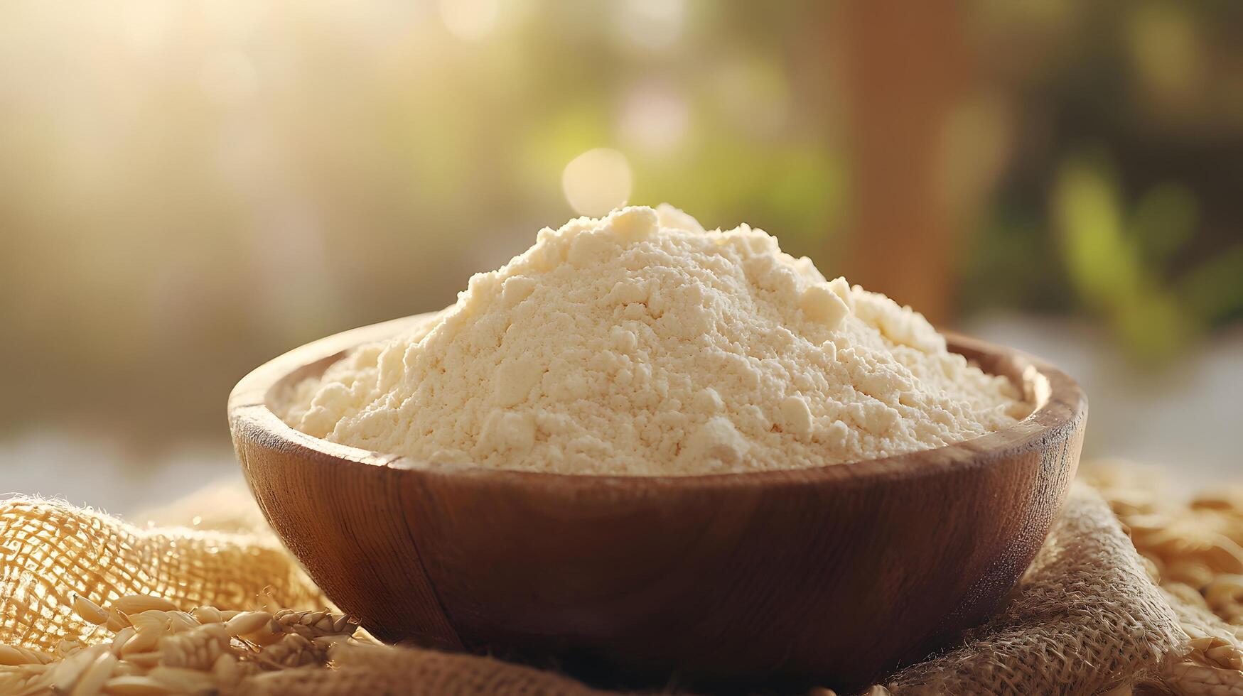 Rustic food photography presents wheat flour in wooden bowl against golden wheat field backdrop, with soft morning sunlight creating warm tones and organic atmosphere. agricultural photo