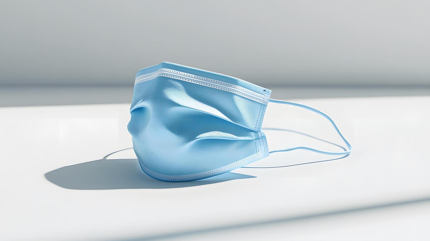 Simple blue surgical mask illustration floats against pure white background. Clean design emphasizes medical protection with subtle shadow beneath disposable face covering. minimal photo