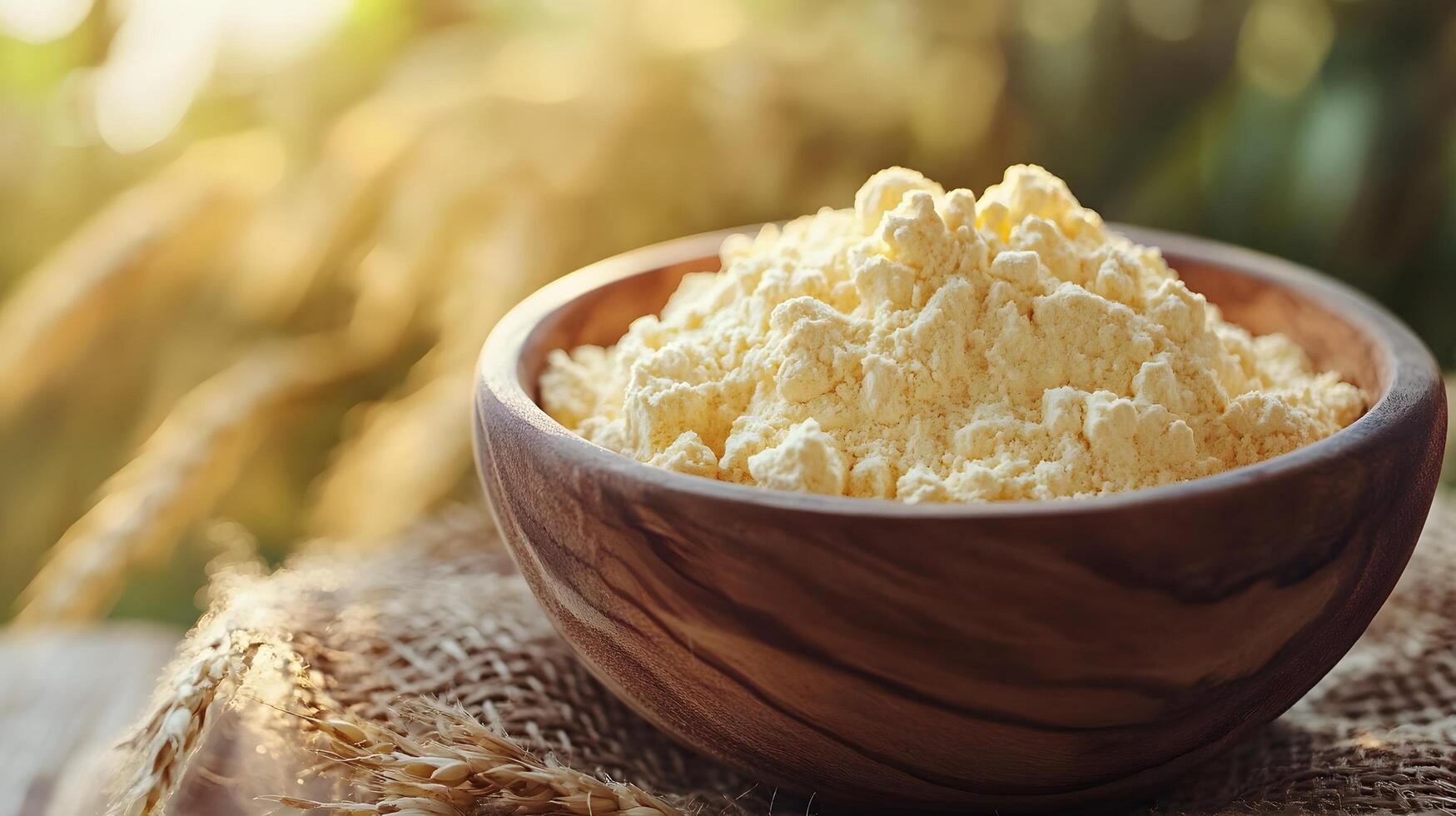 Rustic food photography presents wheat flour in wooden bowl against golden wheat field backdrop, with soft morning sunlight creating warm tones and organic atmosphere. countryside photo