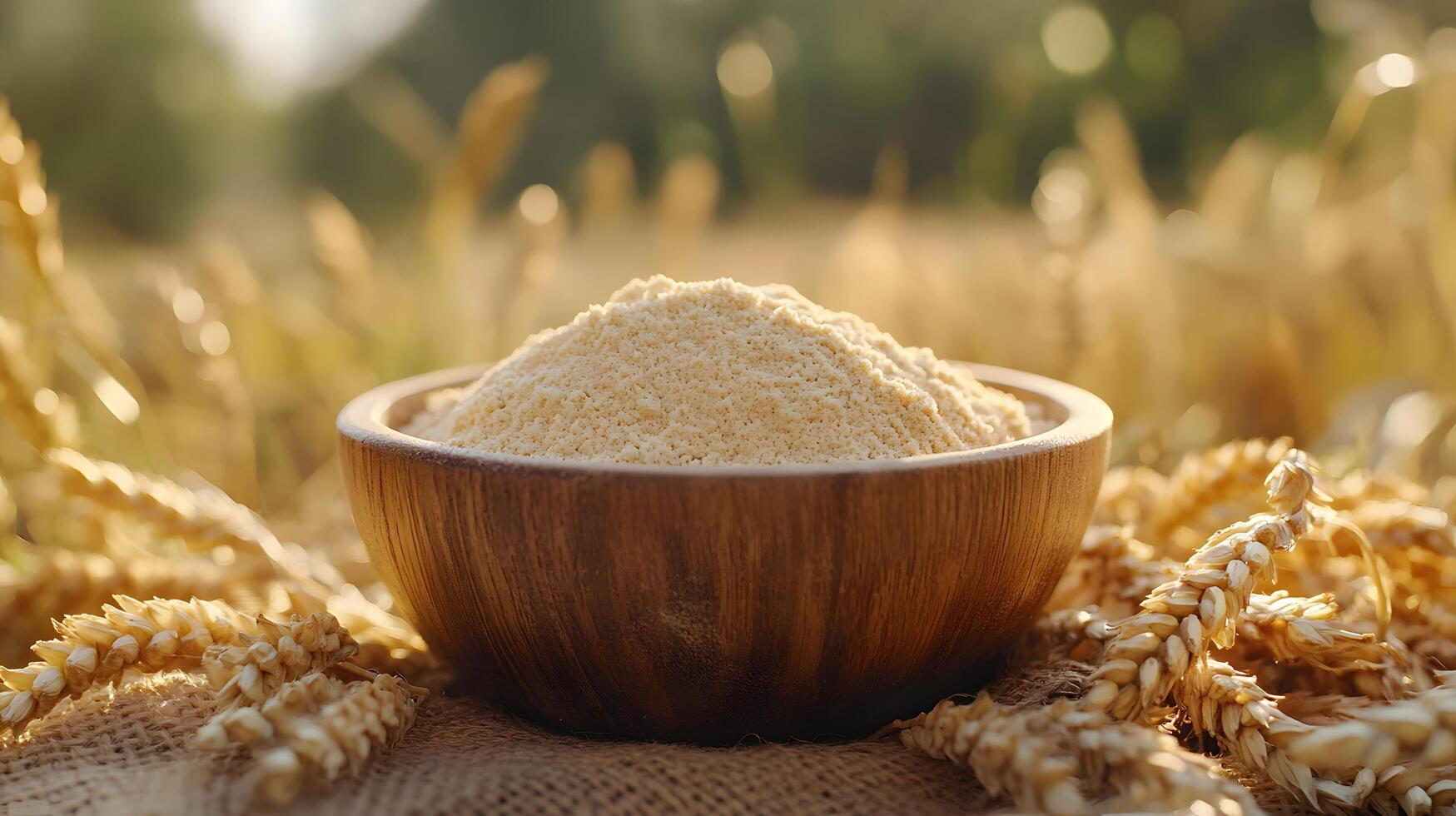 Rustic food photography presents wheat flour in wooden bowl against golden wheat field backdrop, with soft morning sunlight creating warm tones and organic atmosphere. authentic photo