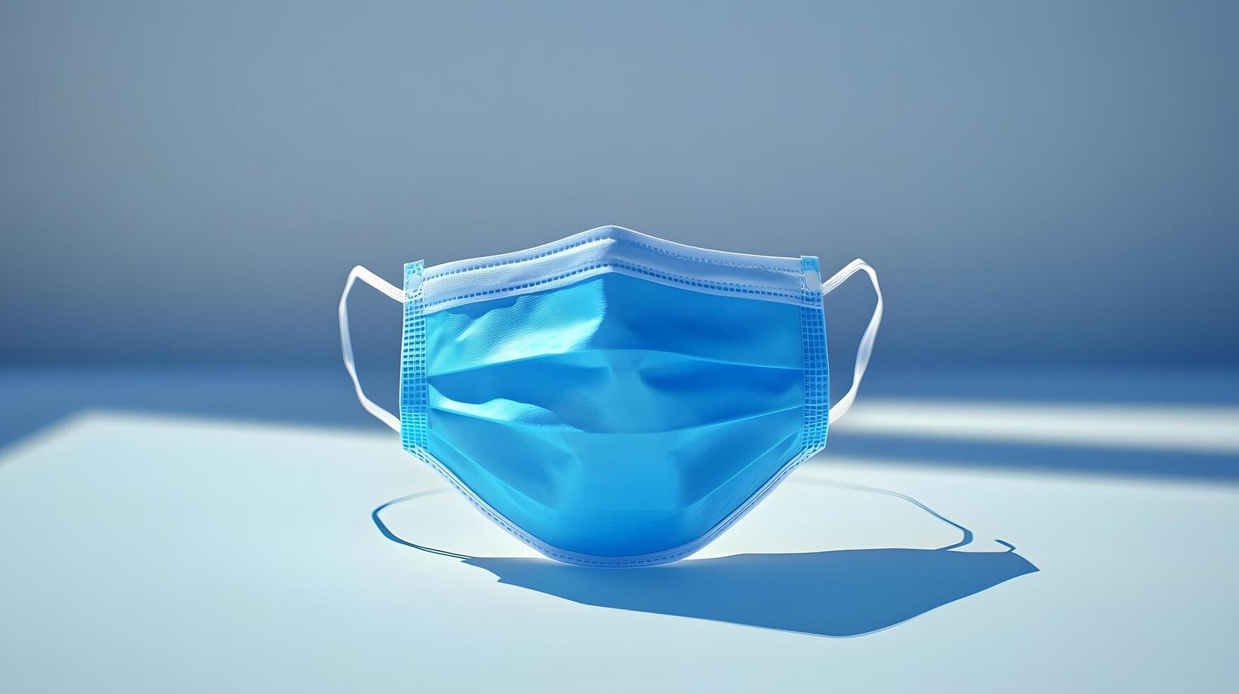 Simple blue surgical mask illustration floats against pure white background. Clean design emphasizes medical protection with subtle shadow beneath disposable face covering. health photo
