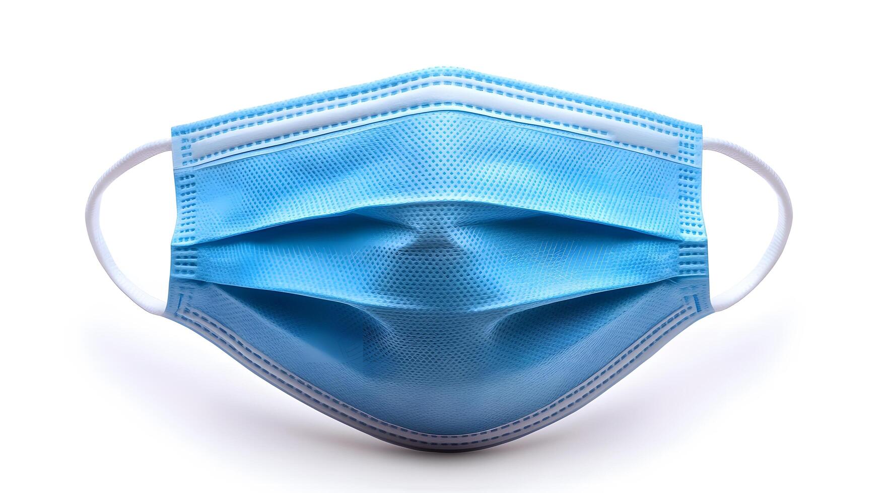 Simple blue surgical mask illustration floats against pure white background. Clean design emphasizes medical protection with subtle shadow beneath disposable face covering. sanitary photo