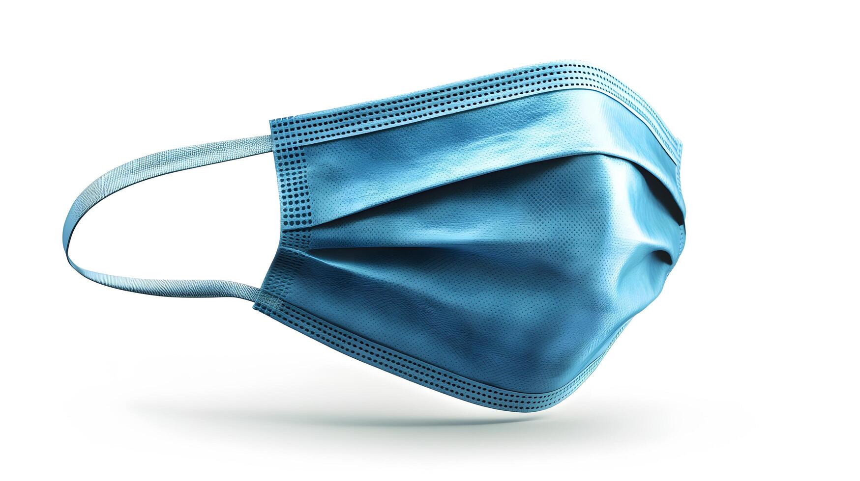 Simple blue surgical mask illustration floats against pure white background. Clean design emphasizes medical protection with subtle shadow beneath disposable face covering. crucial photo