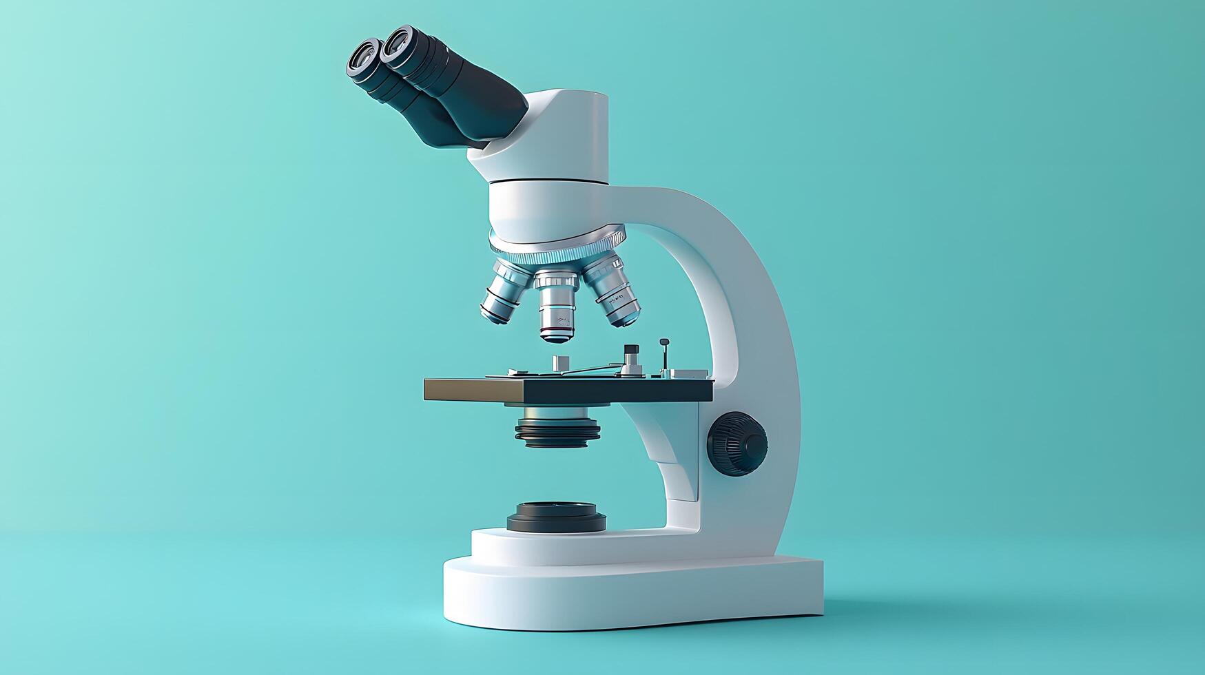 Minimalist white microscope illustration rendered in cartoon style. Simple design features turquoise accents, creating professional yet approachable scientific equipment representation. scient photo